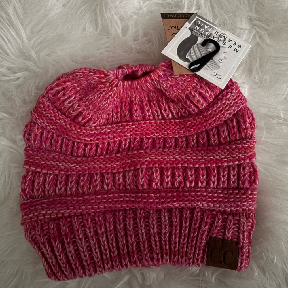 C.C MESSY BUN BEANIE TAIL Vibrant Pink Knit Beanie